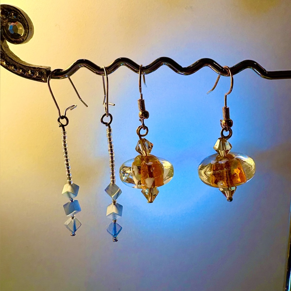 Earrings Pierced Handcrafted Unique 3 Baby Blue Cubes & Yellow/Clear Disc Beads
